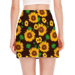 Brown Sunflower Pattern Print Side Slit Mini Skirt