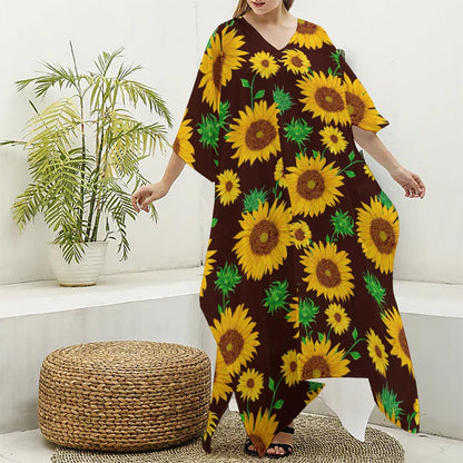 Brown Sunflower Pattern Print Silk V-Neck Kaftan Dress