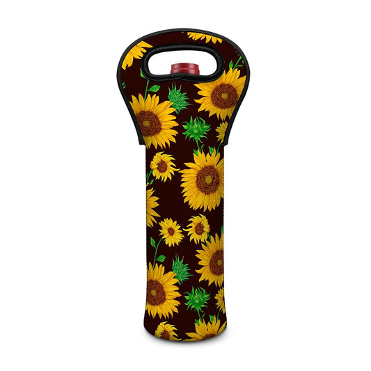 Brown Sunflower Pattern Print Single Neoprene Wine Tote