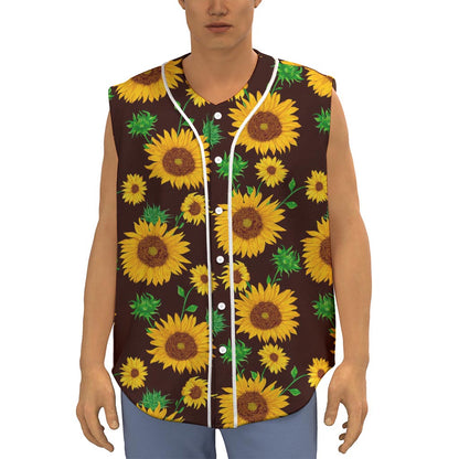 Brown Sunflower Pattern Print Sleeveless Baseball Jersey