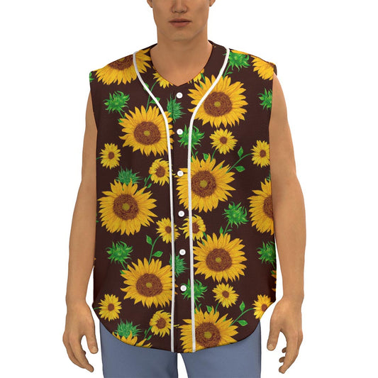 Brown Sunflower Pattern Print Sleeveless Baseball Jersey