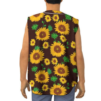Brown Sunflower Pattern Print Sleeveless Baseball Jersey
