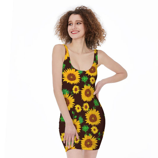 Brown Sunflower Pattern Print Sleeveless Bodycon Dress