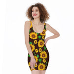 Brown Sunflower Pattern Print Sleeveless Bodycon Dress