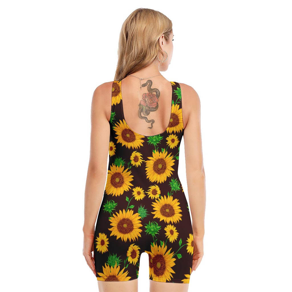 Brown Sunflower Pattern Print Sleeveless One Piece Swimsuit
