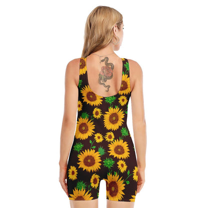 Brown Sunflower Pattern Print Sleeveless One Piece Swimsuit