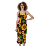 Brown Sunflower Pattern Print Slim Fit Midi Cami Dress