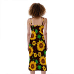 Brown Sunflower Pattern Print Slim Fit Midi Cami Dress