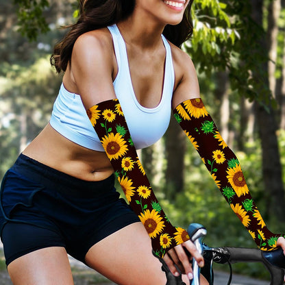 Brown Sunflower Pattern Print Sun Protection Arm Sleeves