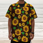 Brown Sunflower Pattern Print Textured Short Sleeve Shirt