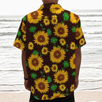 Brown Sunflower Pattern Print Textured Short Sleeve Shirt