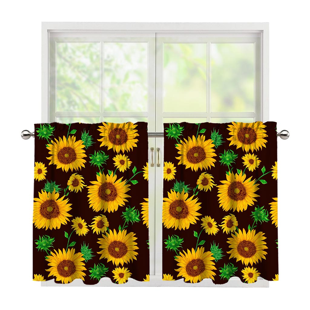 Brown Sunflower Pattern Print Tier Curtains