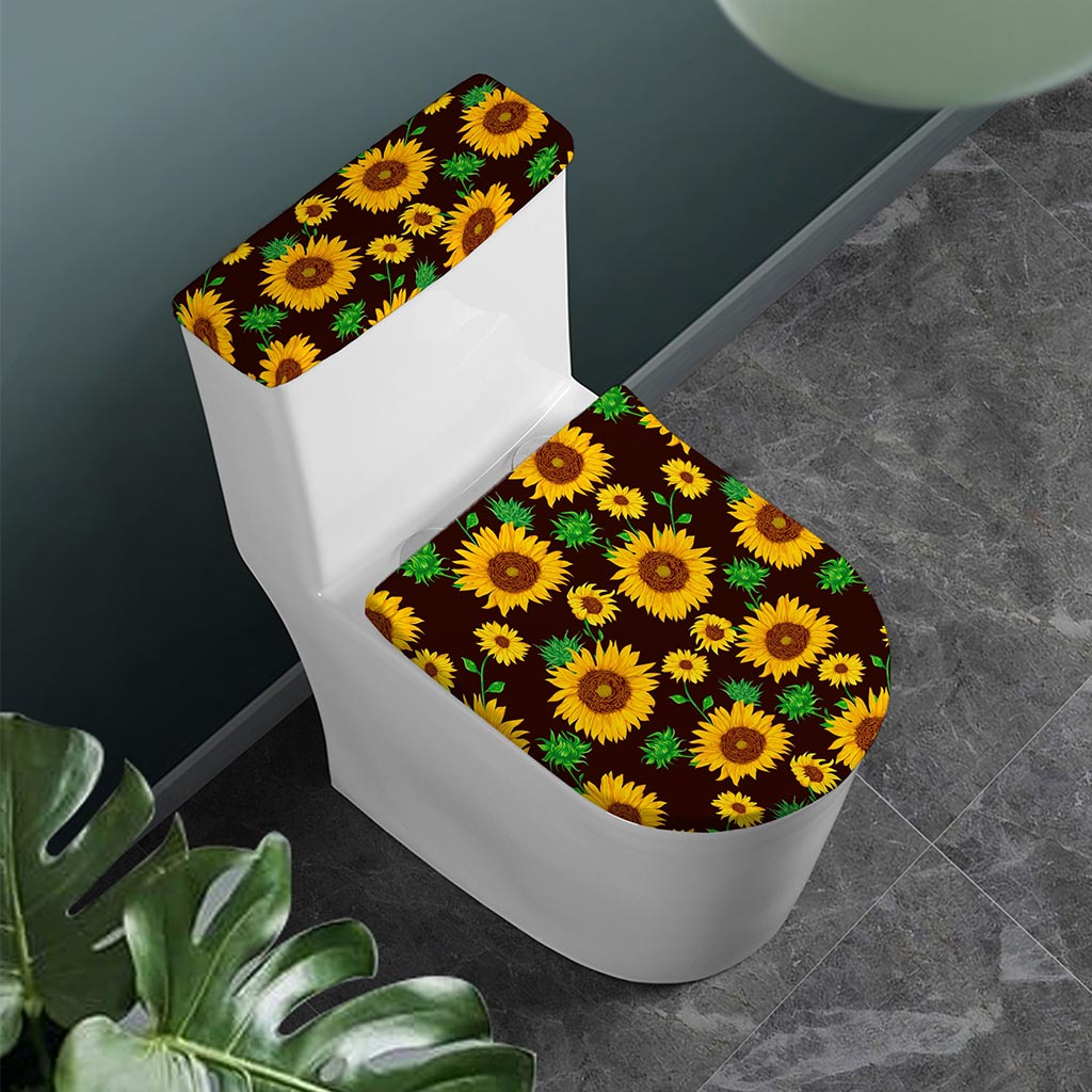 Brown Sunflower Pattern Print Toilet Lid And Tank Cover Set
