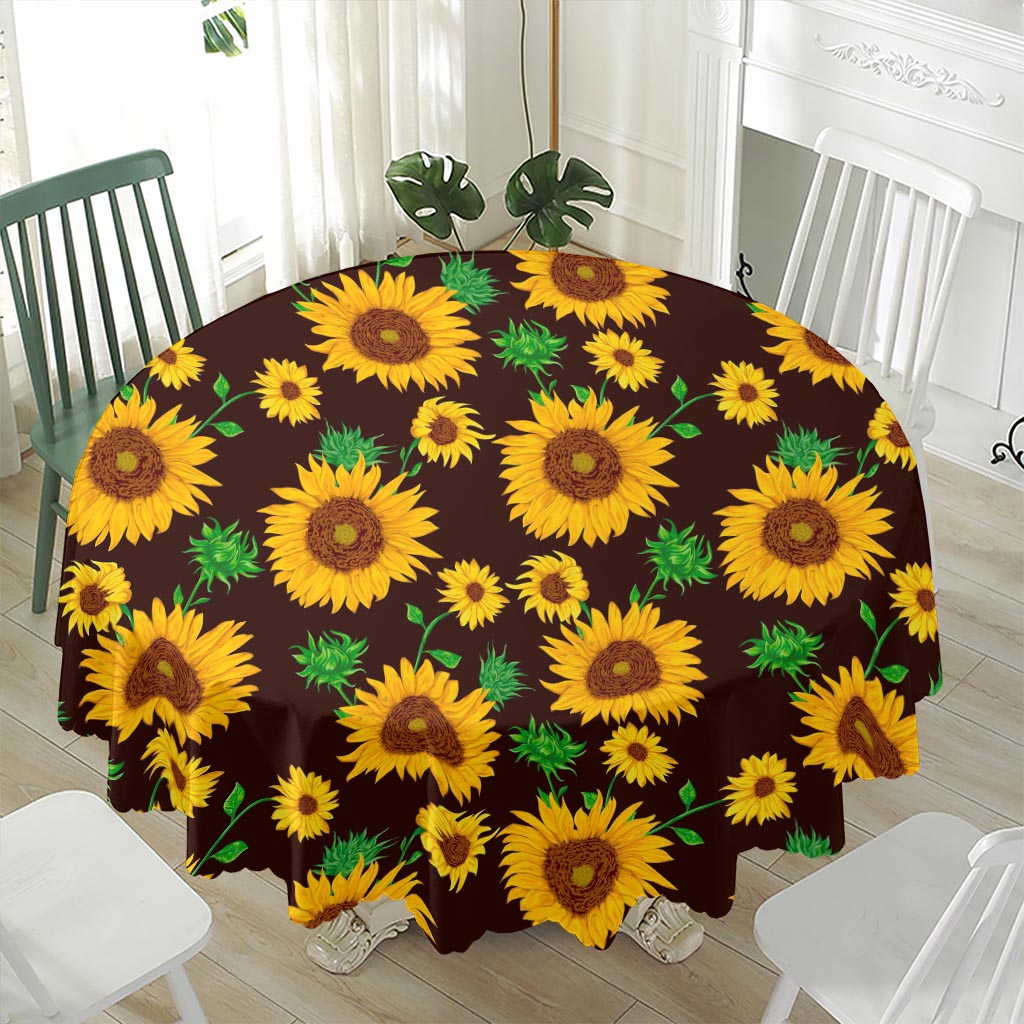 Brown Sunflower Pattern Print Waterproof Round Tablecloth