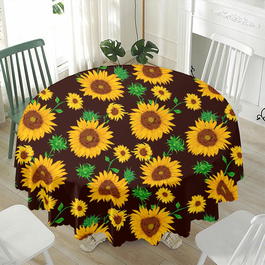 Brown Sunflower Pattern Print Waterproof Round Tablecloth