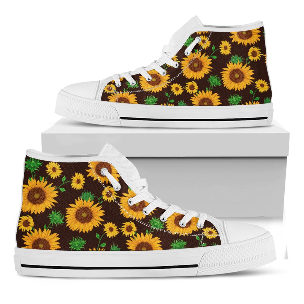 Brown Sunflower Pattern Print White High Top Sneakers