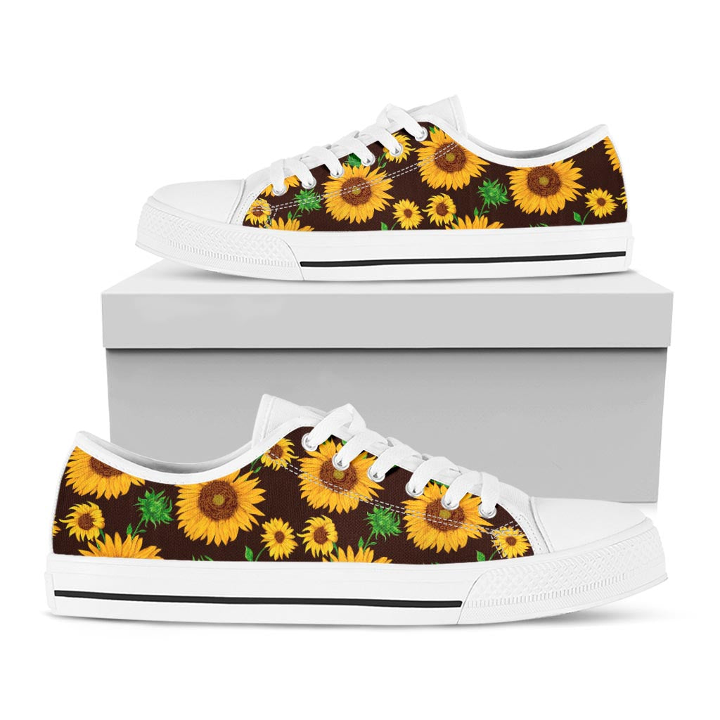 Brown Sunflower Pattern Print White Low Top Sneakers