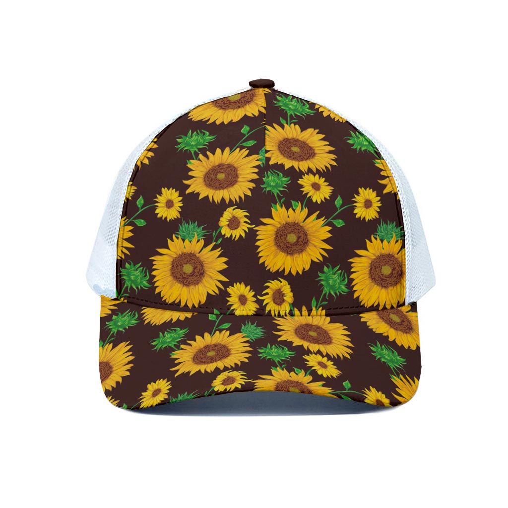 Brown Sunflower Pattern Print White Mesh Trucker Cap