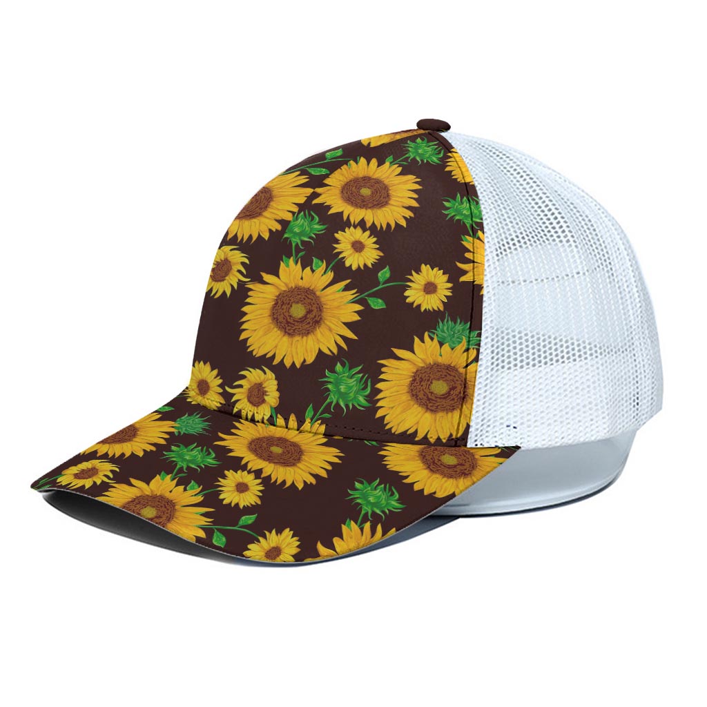 Brown Sunflower Pattern Print White Mesh Trucker Cap