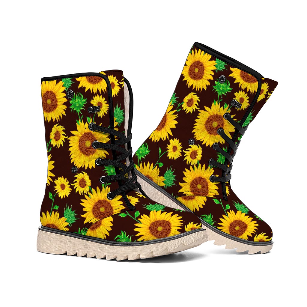 Brown Sunflower Pattern Print Winter Boots