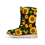 Brown Sunflower Pattern Print Winter Boots