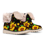 Brown Sunflower Pattern Print Winter Boots