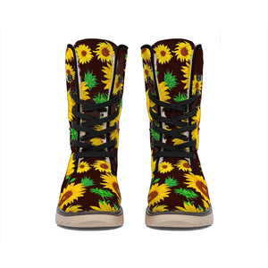 Brown Sunflower Pattern Print Winter Boots