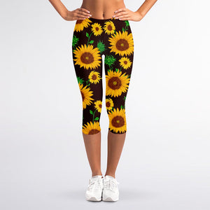 Brown Sunflower Pattern Print Women's Capri Leggings