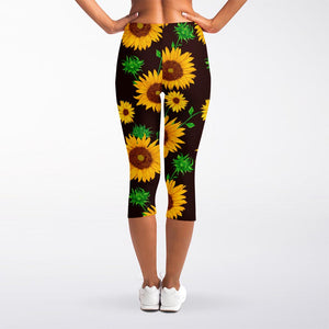 Brown Sunflower Pattern Print Women's Capri Leggings