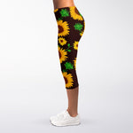 Brown Sunflower Pattern Print Women's Capri Leggings