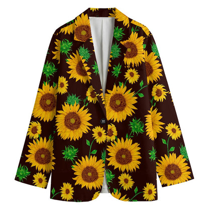 Brown Sunflower Pattern Print Women's Cotton Blazer