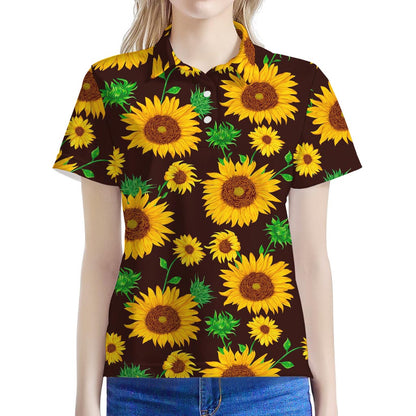 Brown Sunflower Pattern Print Women's Polo Shirt