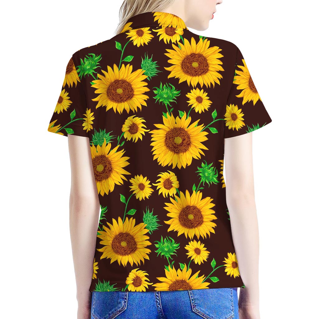 Brown Sunflower Pattern Print Women's Polo Shirt