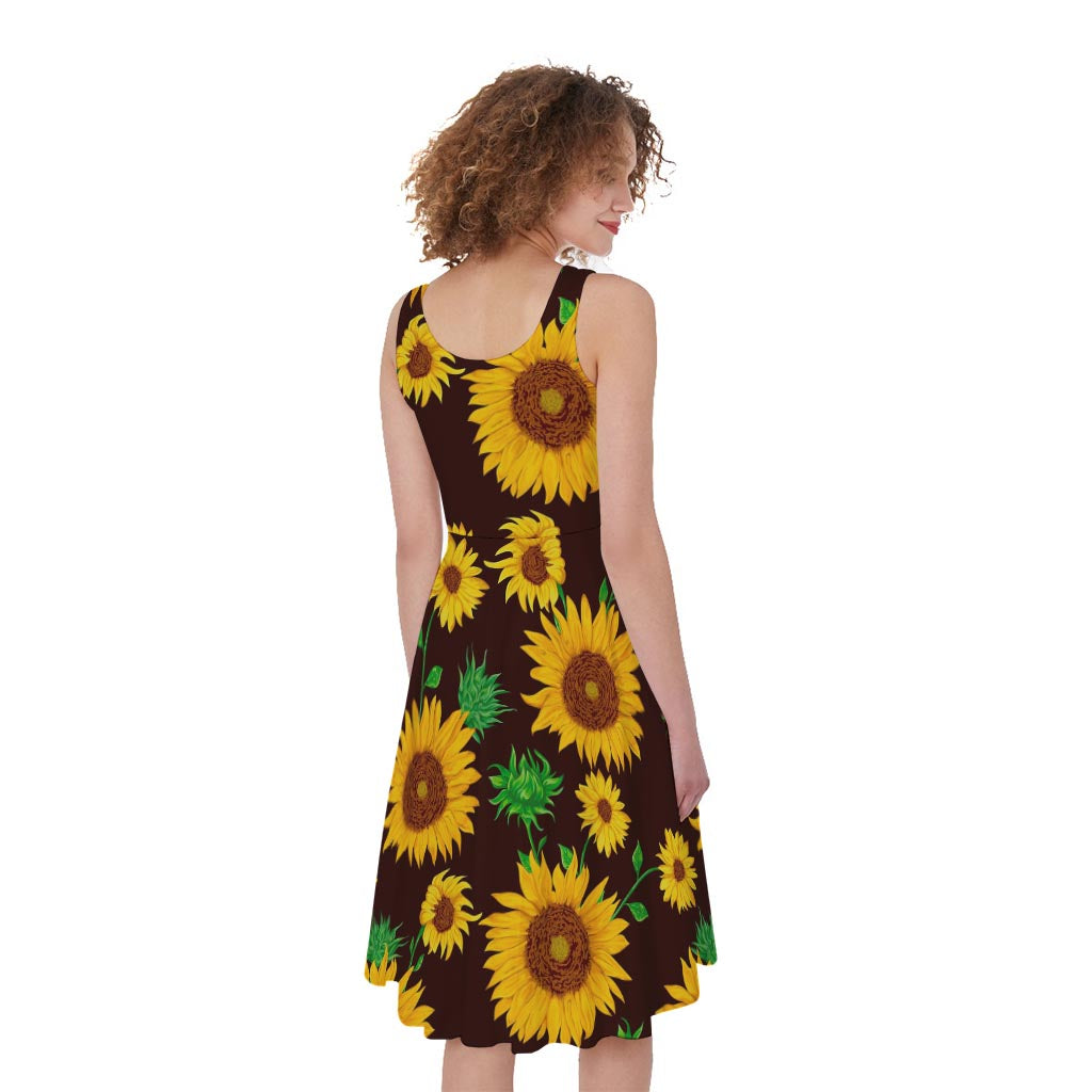 Brown Sunflower Pattern Print Women's Sleeveless Dress