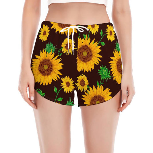 Brown Sunflower Pattern Print Women's Split Running Shorts