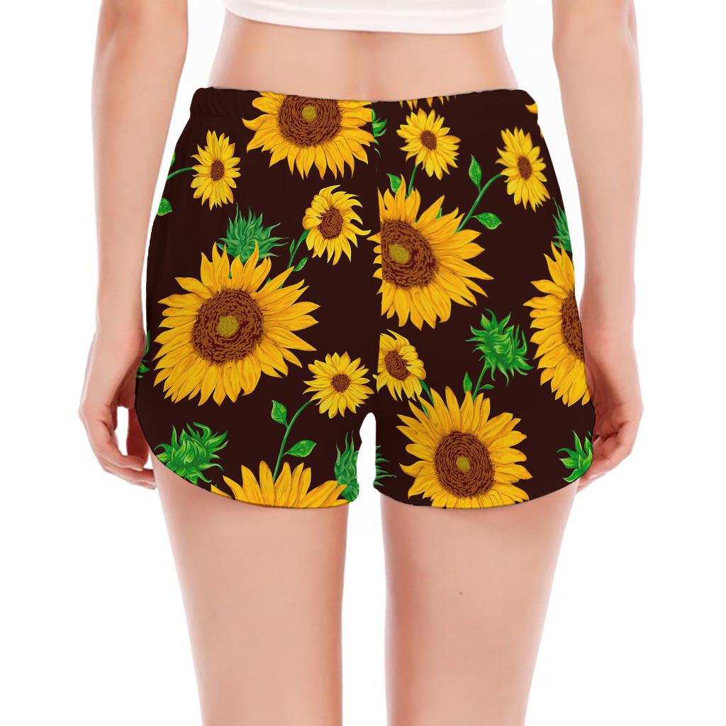 Brown Sunflower Pattern Print Women's Split Running Shorts