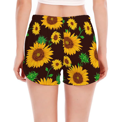 Brown Sunflower Pattern Print Women's Split Running Shorts
