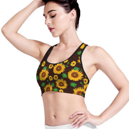 Brown Sunflower Pattern Print Women's Sports Bra