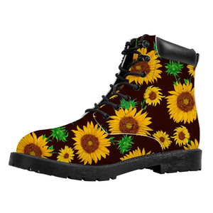 Brown Sunflower Pattern Print Work Boots