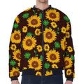 Brown Sunflower Pattern Print Zip Sleeve Bomber Jacket