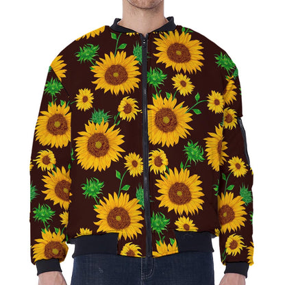 Brown Sunflower Pattern Print Zip Sleeve Bomber Jacket