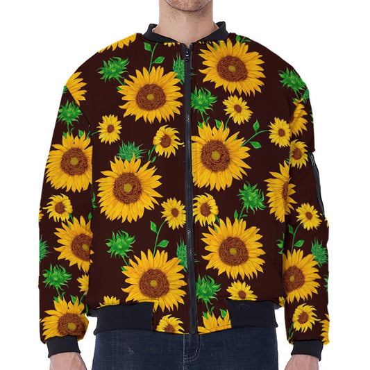 Brown Sunflower Pattern Print Zip Sleeve Bomber Jacket