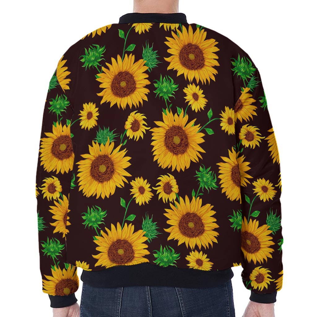 Brown Sunflower Pattern Print Zip Sleeve Bomber Jacket
