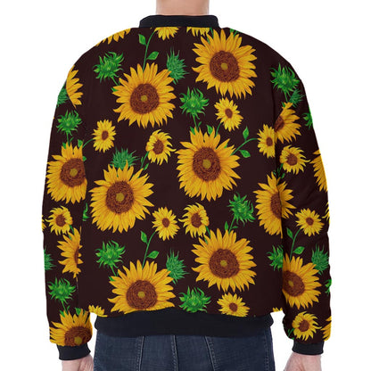 Brown Sunflower Pattern Print Zip Sleeve Bomber Jacket