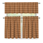 Brown Tattersall Pattern Print 3 Piece Kitchen Curtains