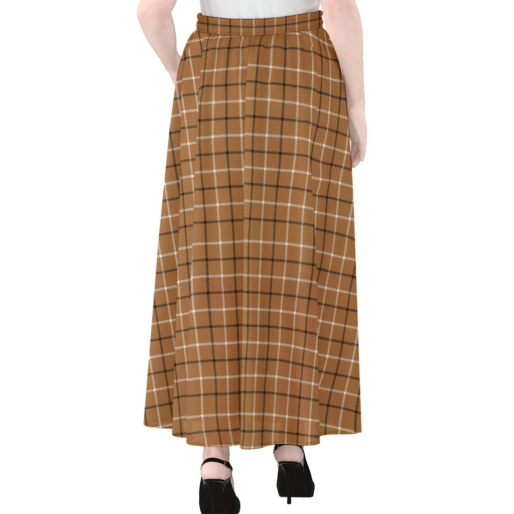 Brown Tattersall Pattern Print Chiffon Maxi Skirt