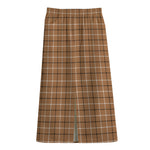 Brown Tattersall Pattern Print Cotton Front Slit Maxi Skirt