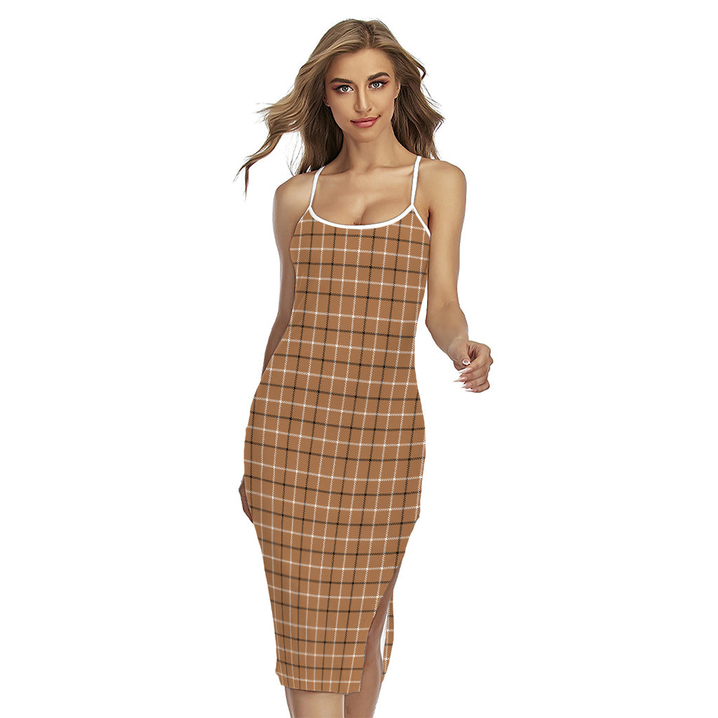 Brown Tattersall Pattern Print Cross Back Cami Dress