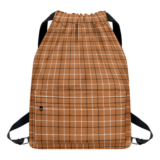 Brown Tattersall Pattern Print Drawstring Backpack