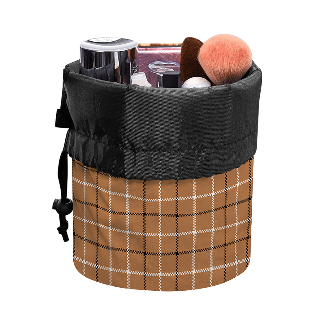 Brown Tattersall Pattern Print Drawstring Makeup Bag